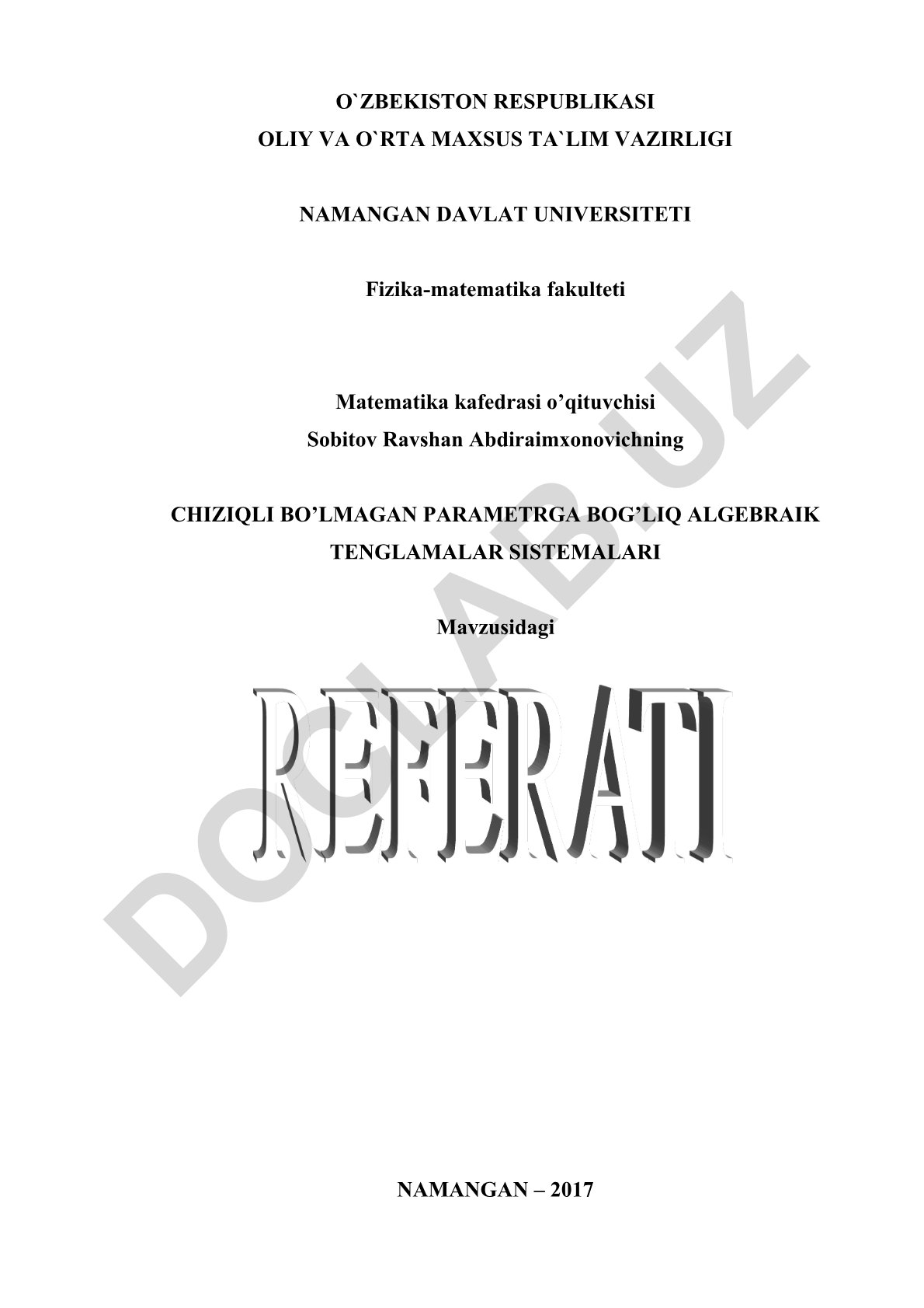 Chiziqli bo'lmagan parametrga bog'liq algebraik tenglamalar sistemalari