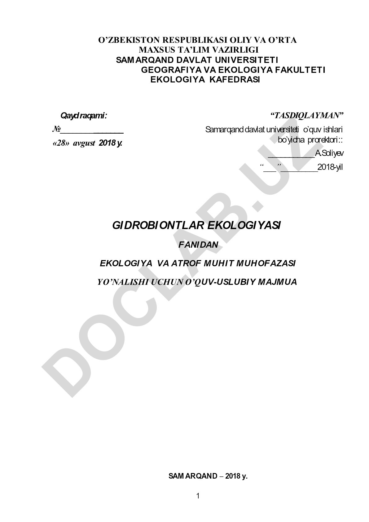 Gidrobiontlar ekologiyasi fanidan o'quv-uslubiy majmua