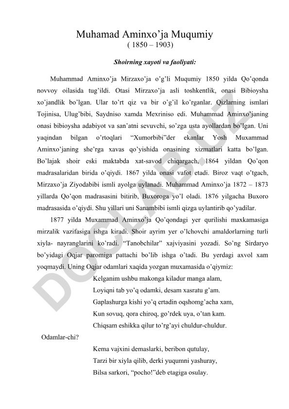 Muhamad Aminxo'ja Muqumiyning hayoti va ijodiy faoliyati