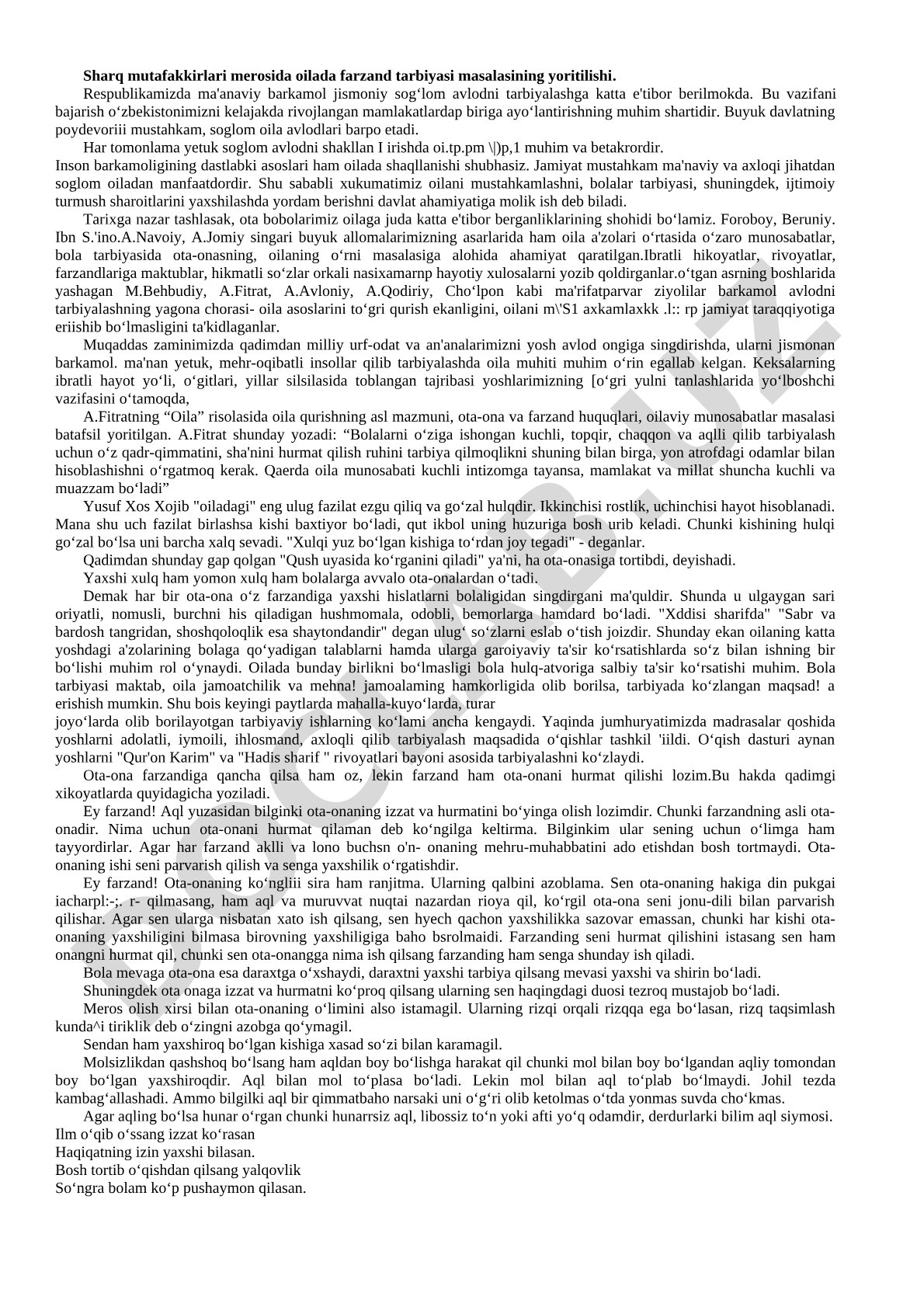 Sharq mutafakkirlari merosida oilada farzand tarbiyasi masalasining yoritilishi