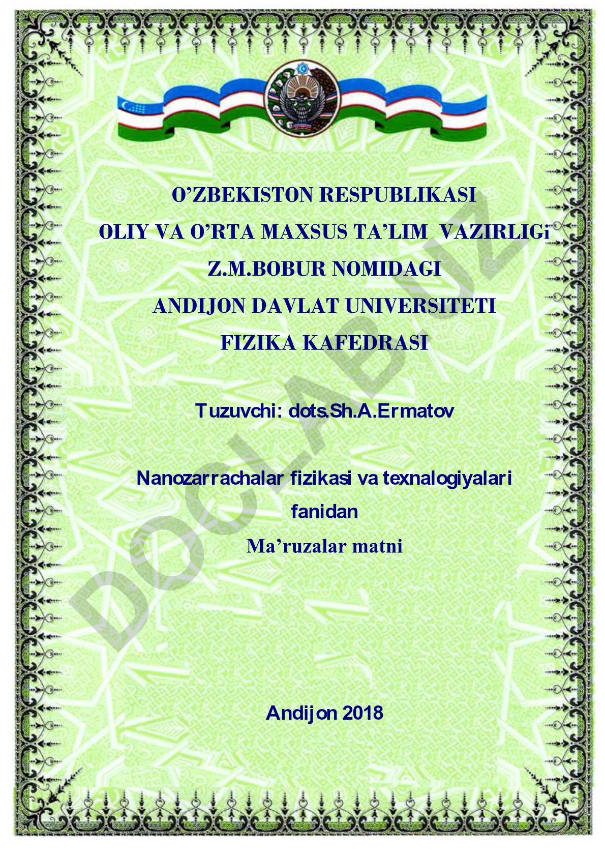 Nanozarrachalar fizikasi va texnologiyalari fanidan ma'ruzalar matni