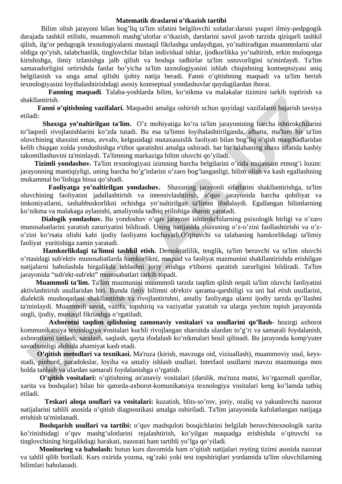 Matematik darslarni o'tkazish tartibi