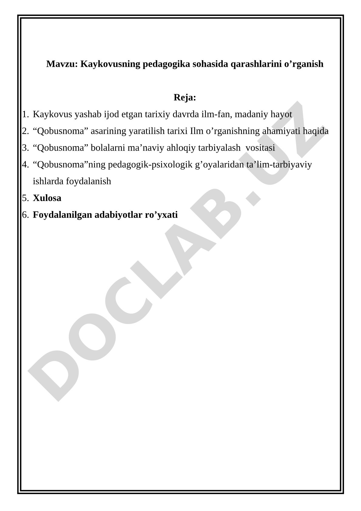 Kaykovusning pedagogika sohasida qarashlarini o'rganish