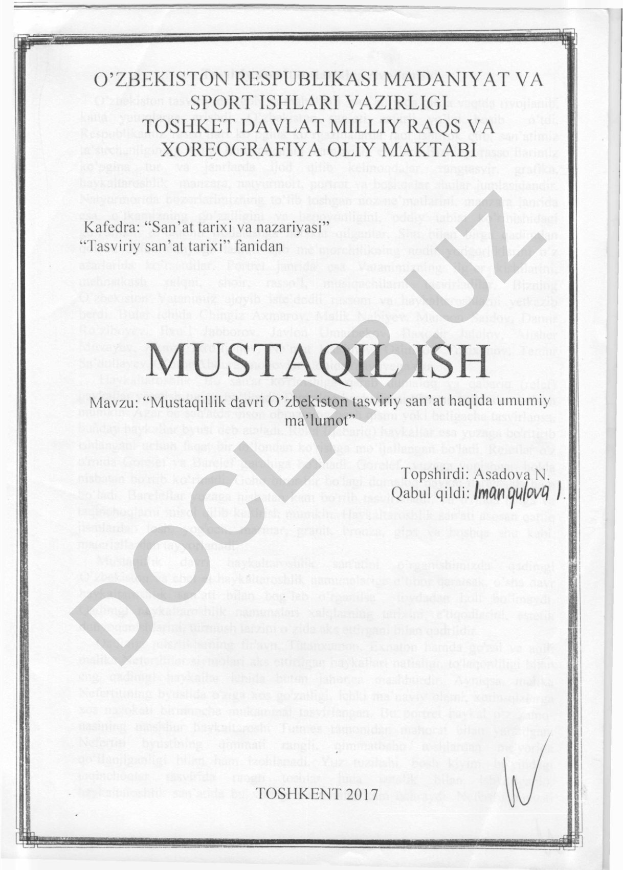 Mustaqillik davri O’zbekiston tasviriy san’at haqida umumiy ma’lumot