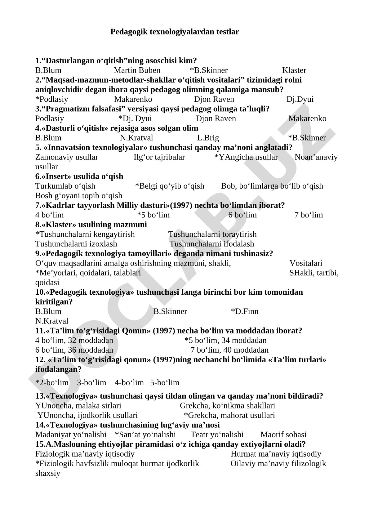 Pedagogik texnologiyalardan testlar
