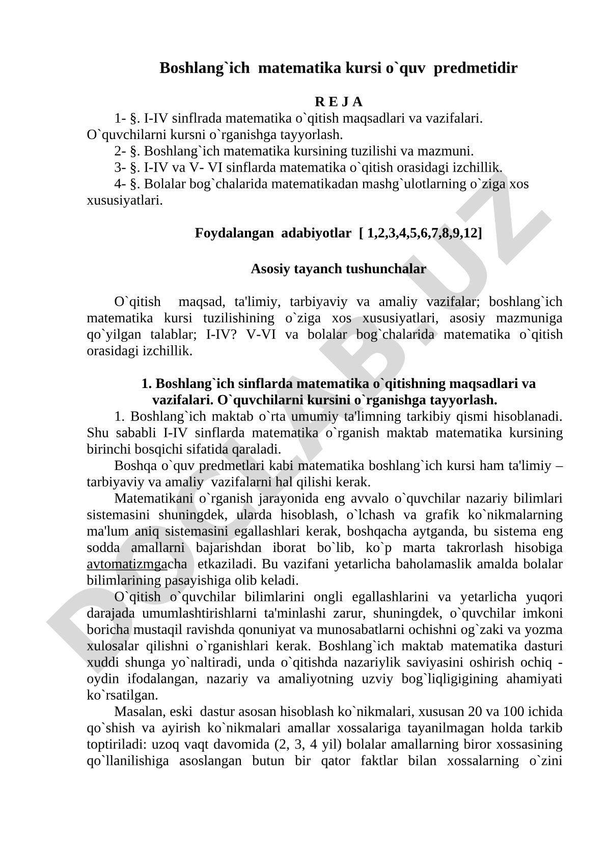 Boshlang'ich matematika kursi o'quv predmeti