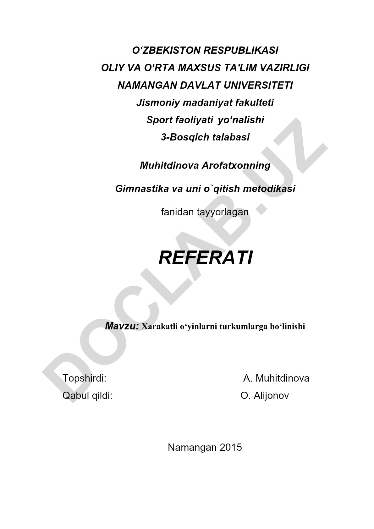 Xarakatli o‘yinlarni turkumlarga bo‘linishi