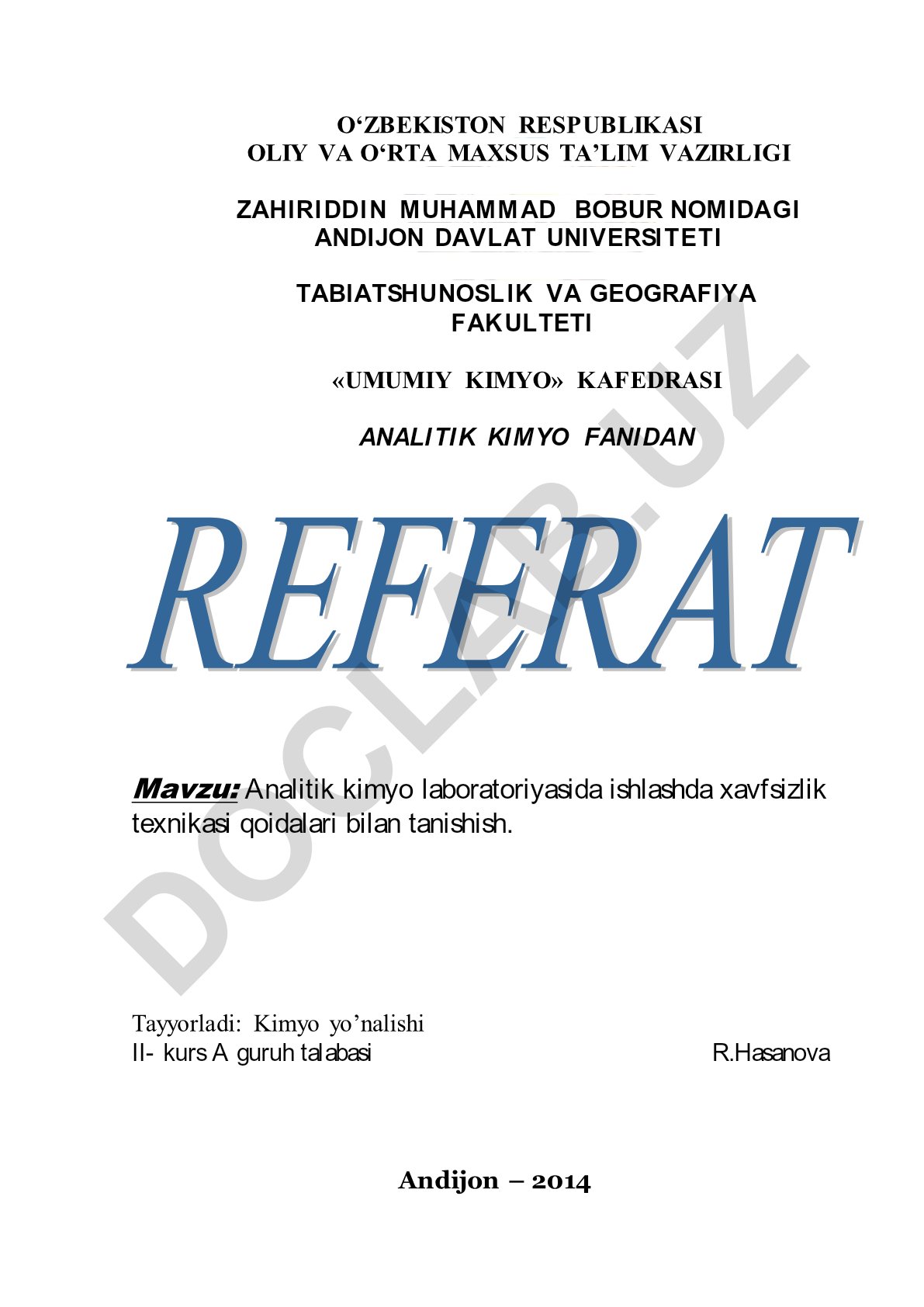 Analitik kimyo laboratoriyasida ishlashda xavfsizlik texnikasi qoidalari bilan tanishish