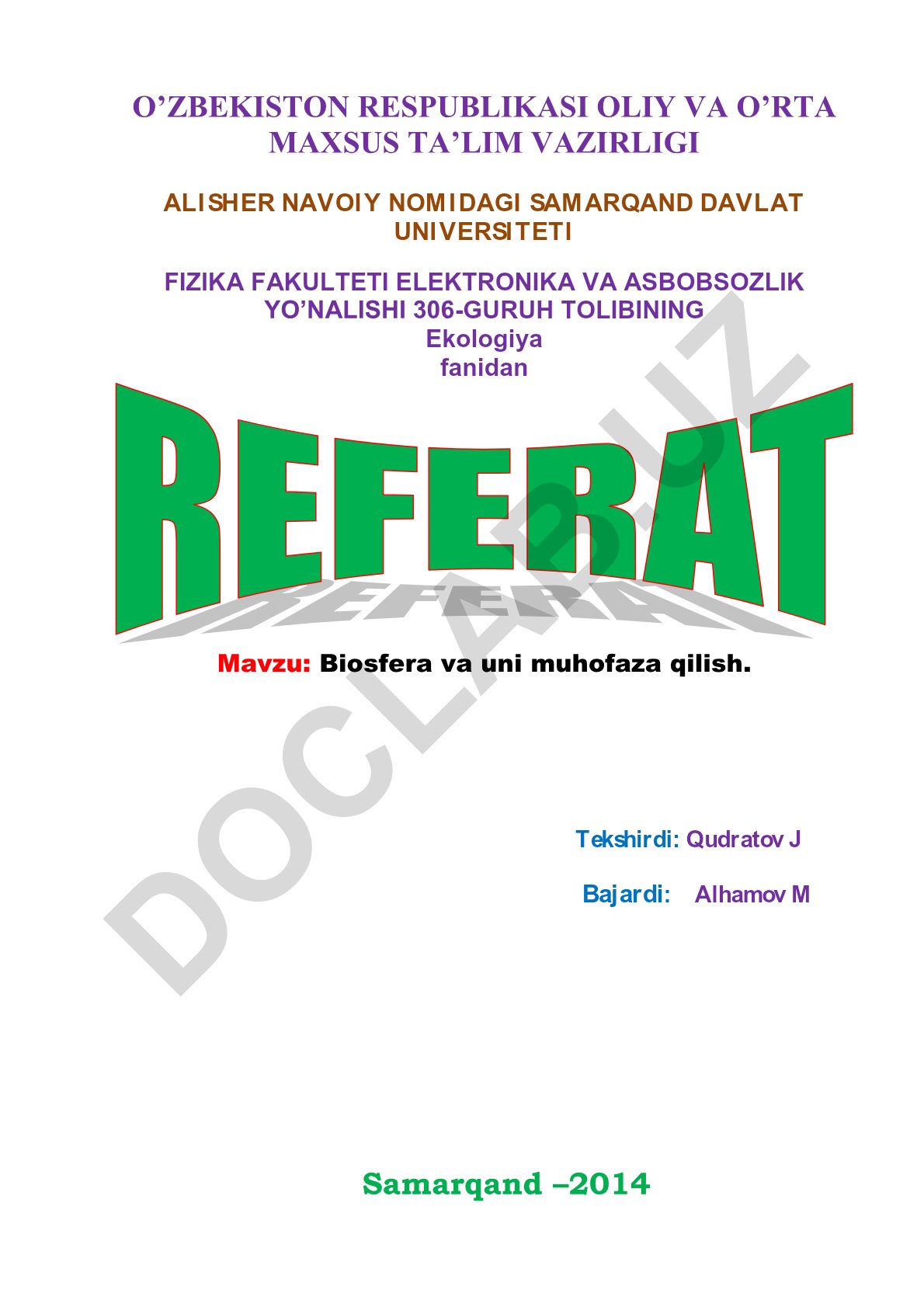 Biosfera va uni muhofaza qilish