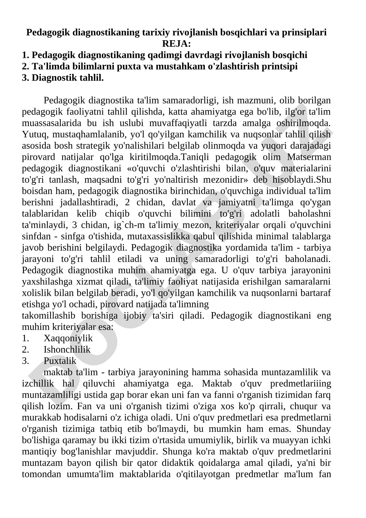 Pedagogik diagnostikaning tarixiy rivojlanish bosqichlari va prinsiplari