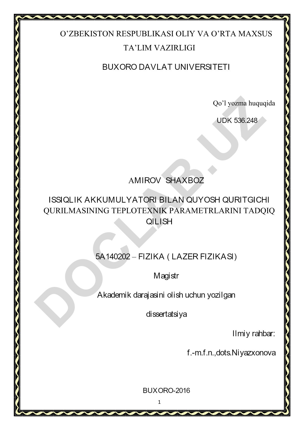 Issiqlik akkumulyatori bilan quyosh quritgichi qurilmasining teplotexnik parametrlarini tadqiq qilish