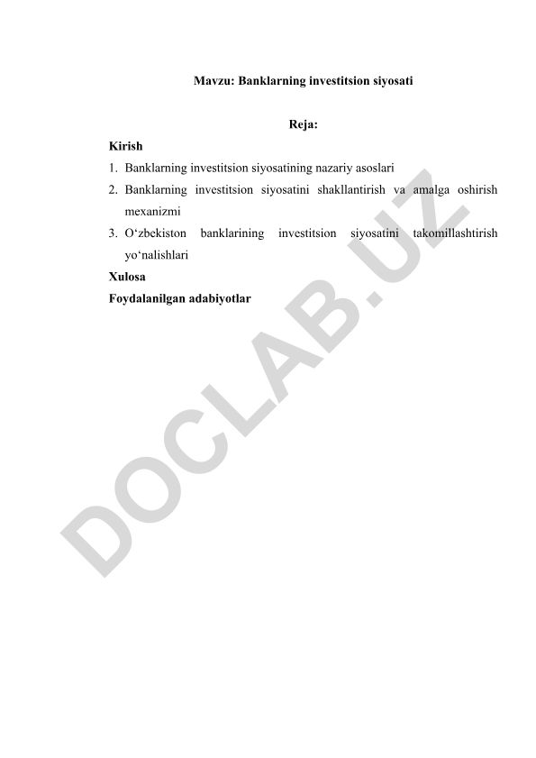 Banklarning investitsion siyosati