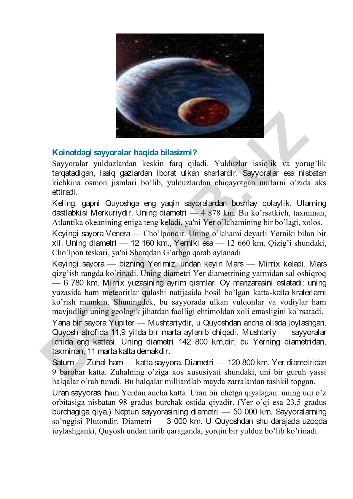 Koinotdagi sayyoralar haqida ma'lumot