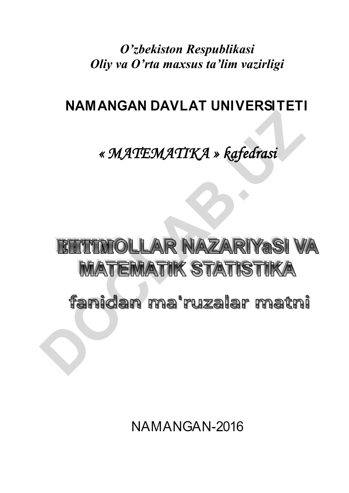 Ehtimollik nazariyasi va matematik statistika fanidan tayanch ma'ruza