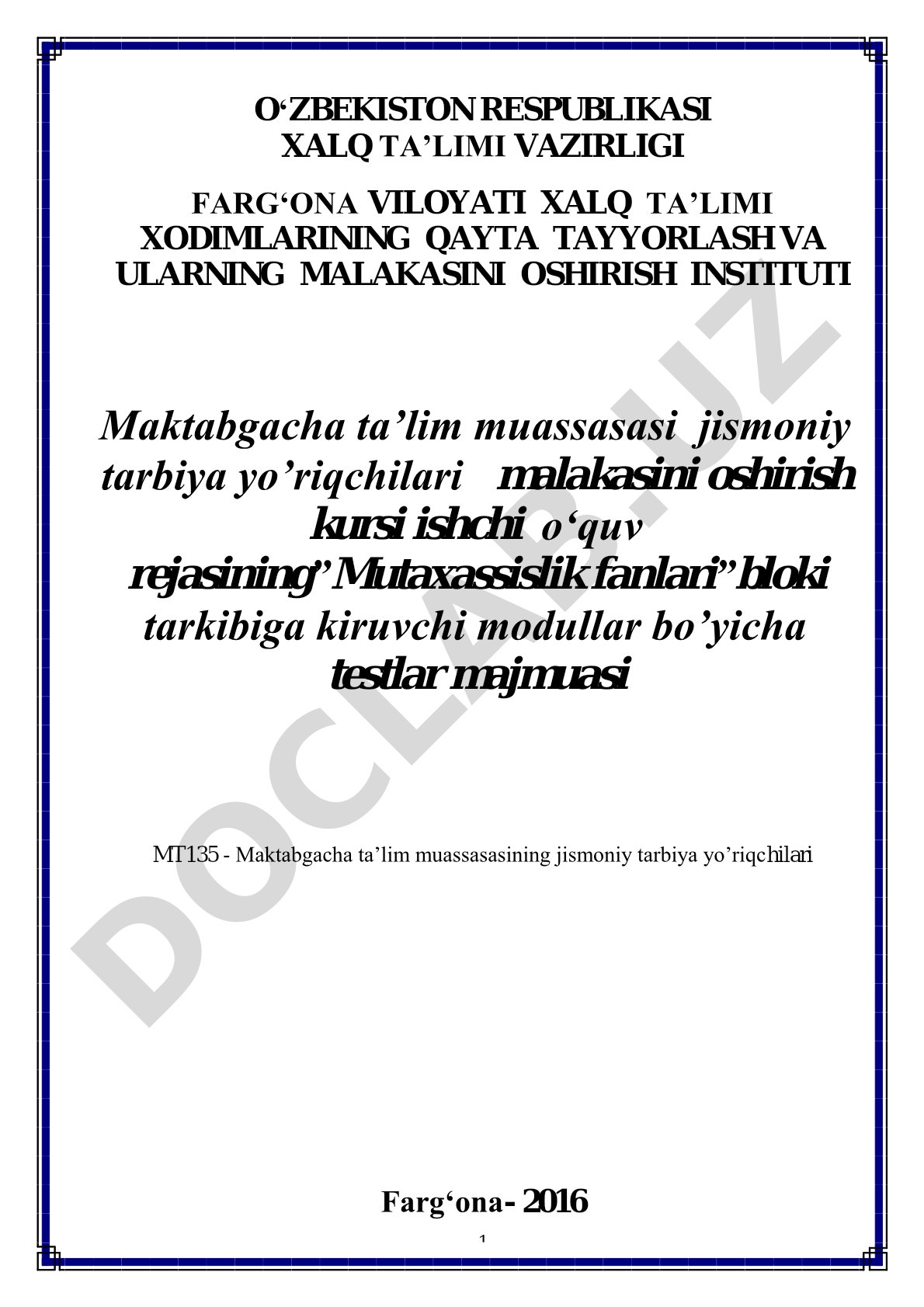 Maktabgacha ta’lim muassasasi jismoniy tarbiya yo’riqchilari testlar majmuasi