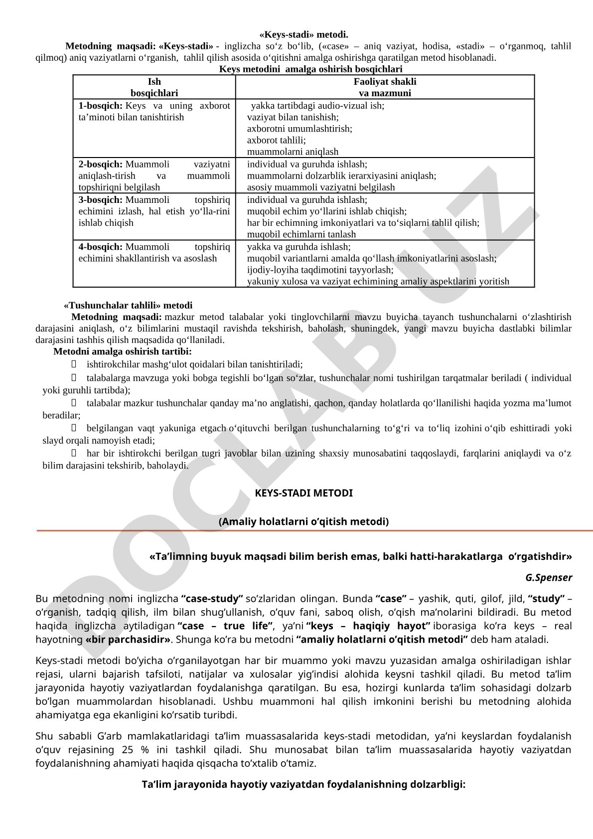 Keys-stadi metodi va uni amalga oshirish bosqichlari