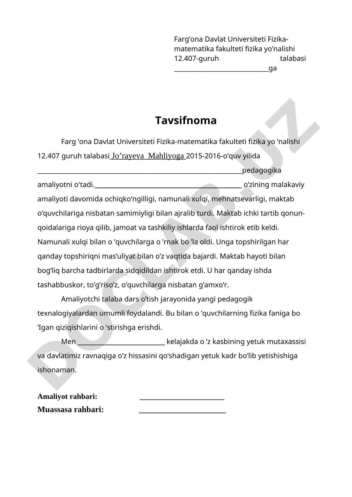 Jo'rayeva Mahliyoga tavsifnoma