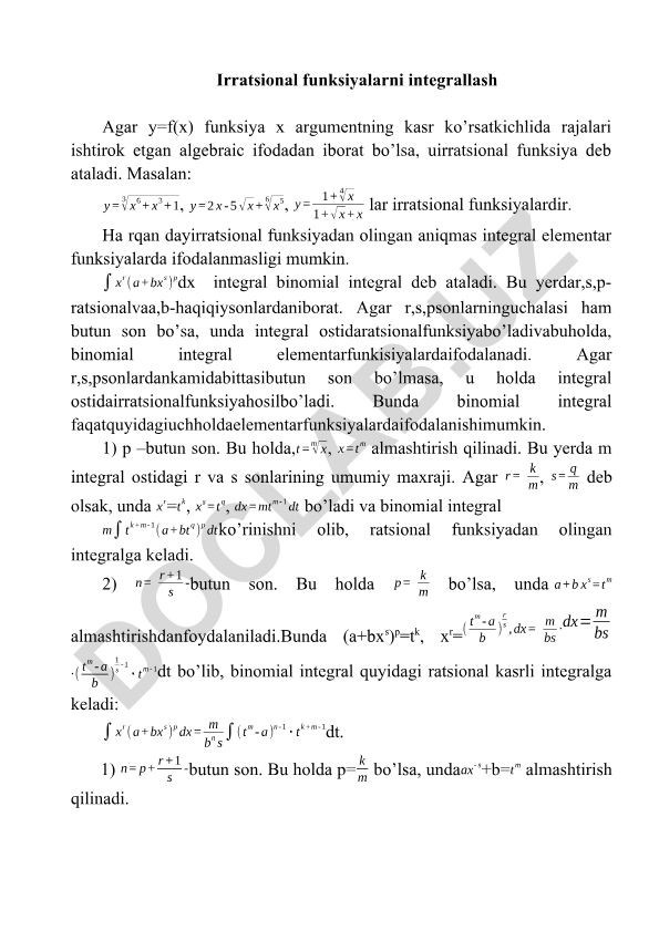 Irratsional funksiyalarni integrallash