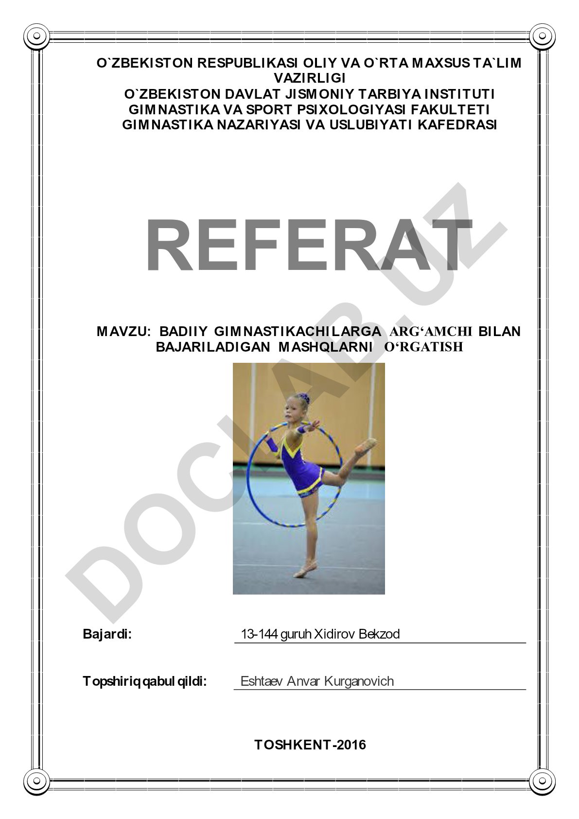 Badiiy gimnastikachilarga arg'amchi bilan bajariladigan mashqlarni o'rgatish