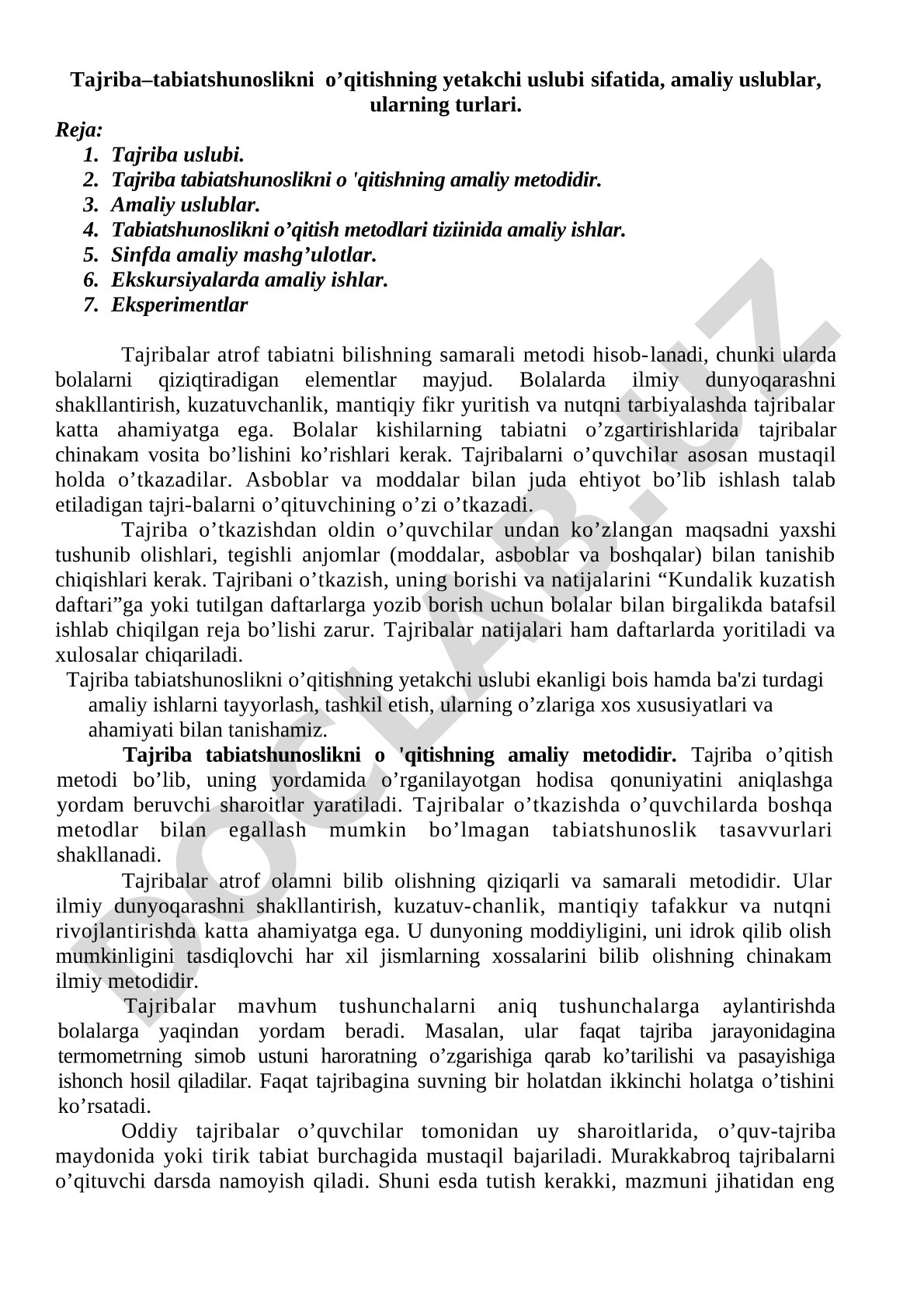 Tajriba – tabiatshunoslikni o'qitishning yetakchi uslubi sifatida