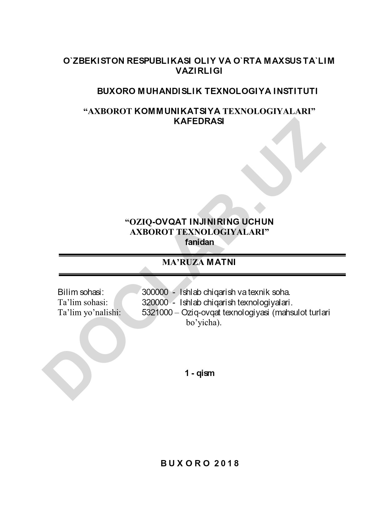 Oziq-ovqat injiniring uchun axborot texnologiyalari ma'ruza matni