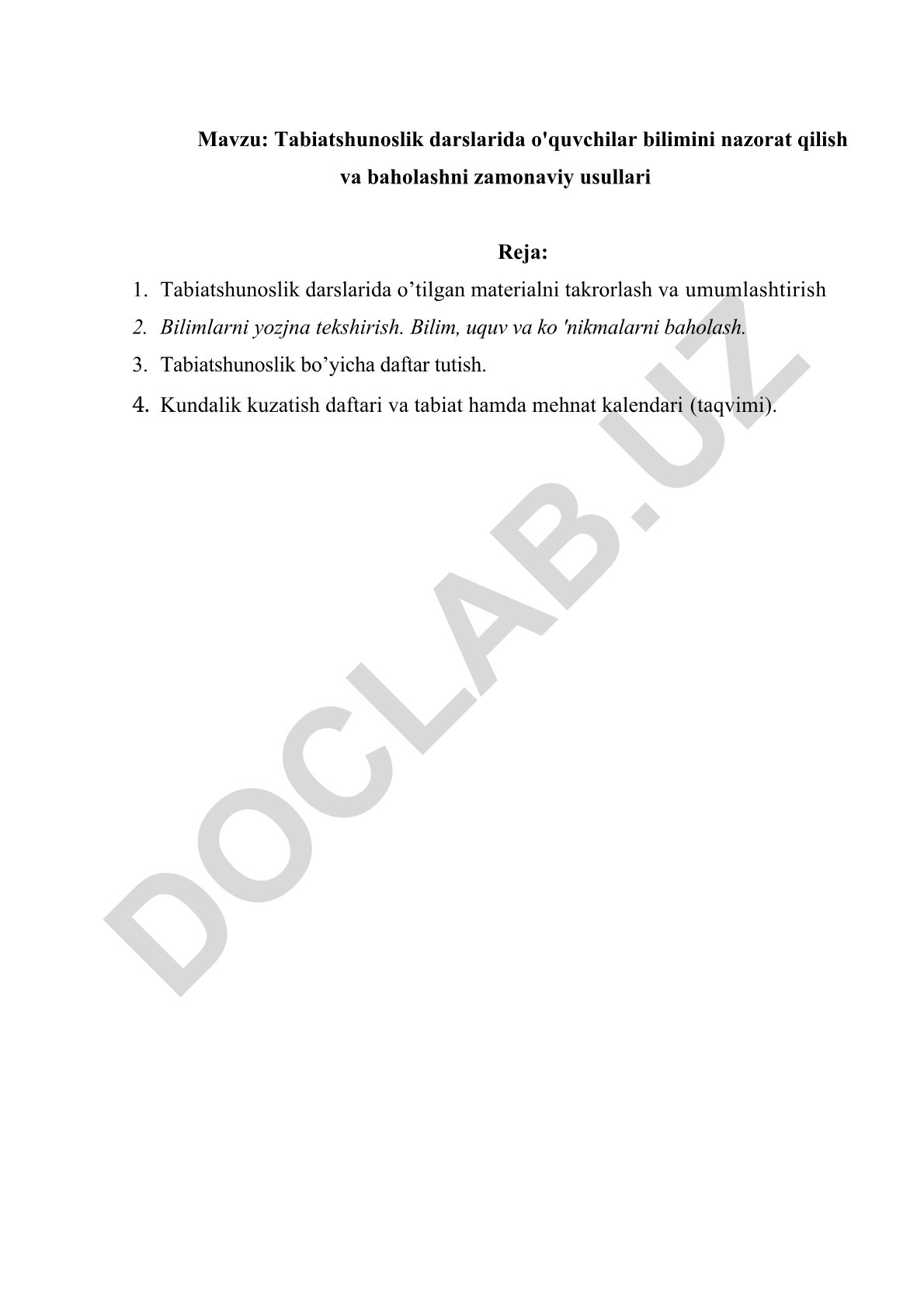 Tabiatshunoslik darslarida o'quvchilar bilimini nazorat qilish va baholashni zamonaviy usullari