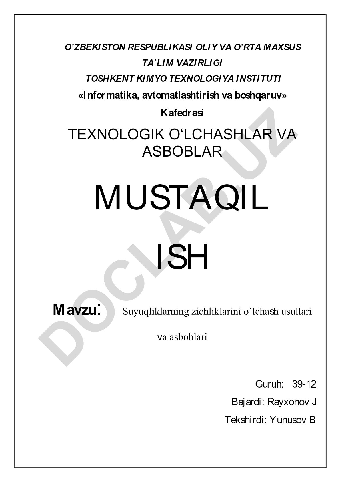 Suyuqliklarning zichliklarini o'lchash usullari va asboblari