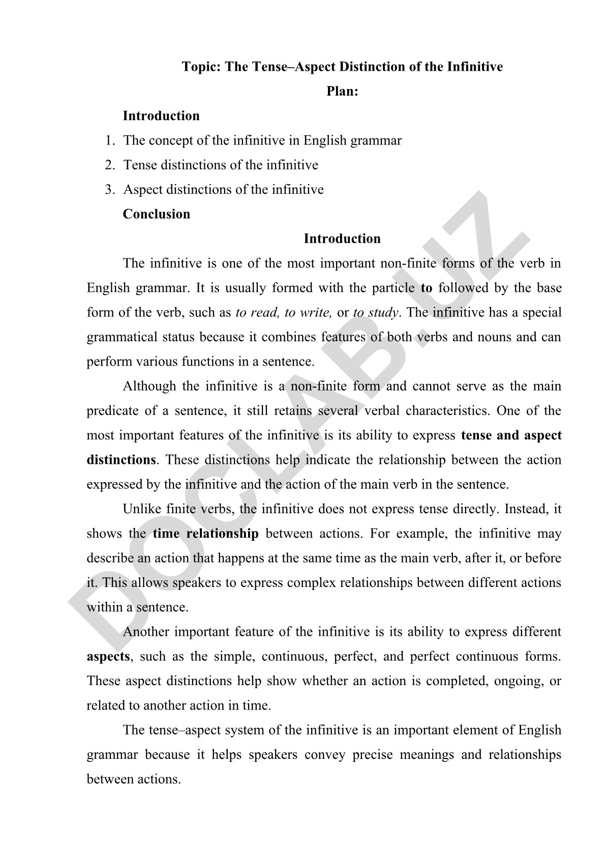 The Tense–Aspect Distinction of the Infinitive