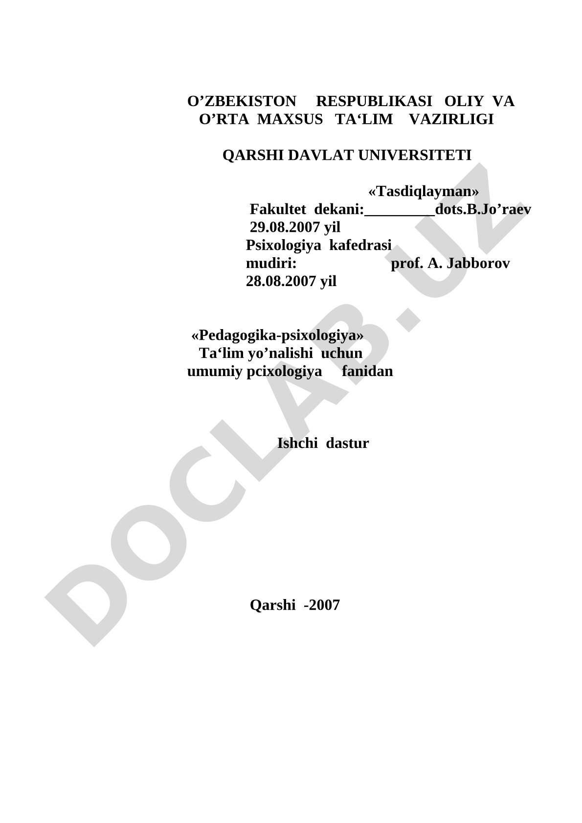 Umumiy psixologiya fanidan ishchi dastur