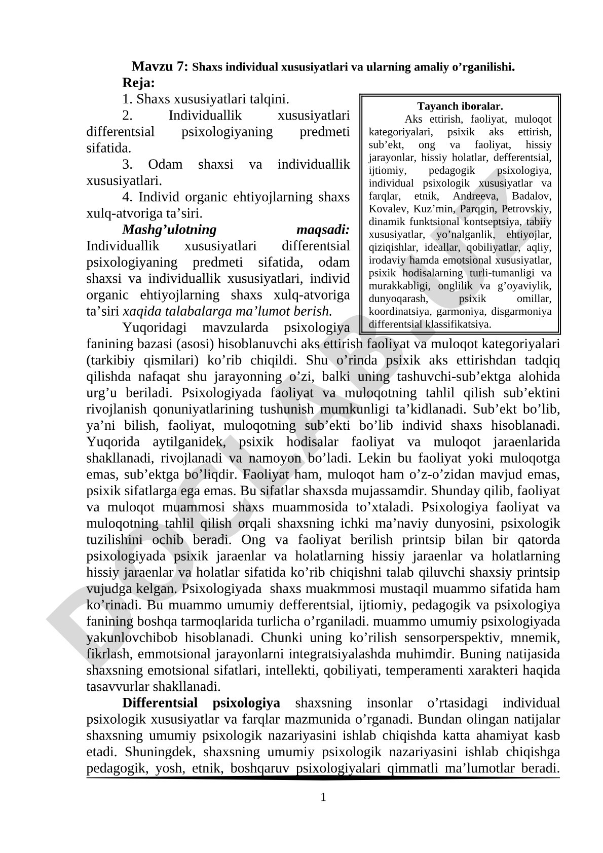 Shaxs individual xususiyatlari va ularning amaliy o'rganilishi