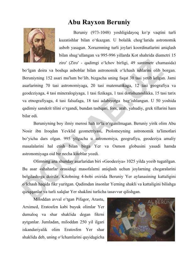 Abu Rayxon Beruniyning hayoti va ilmiy merosi