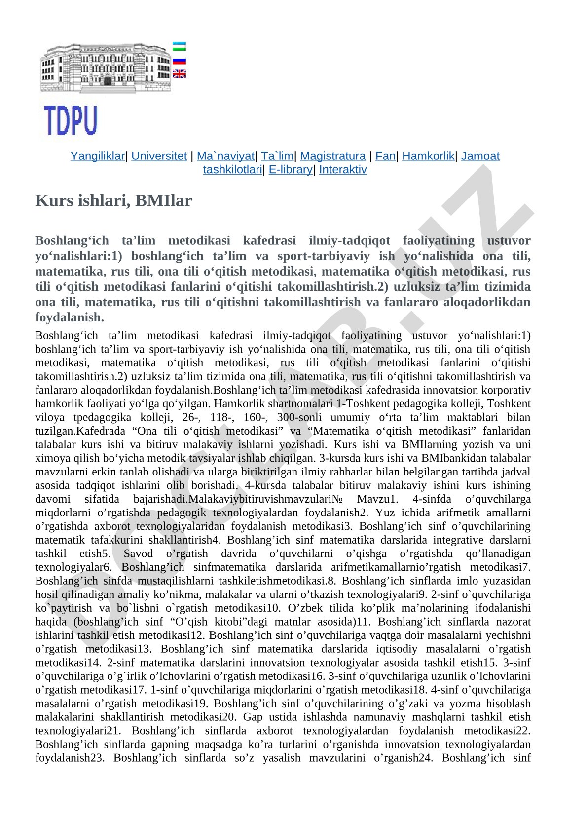 Boshlang'ich ta'lim metodikasi kafedrasi ilmiy-tadqiqot faoliyati yo'nalishlari