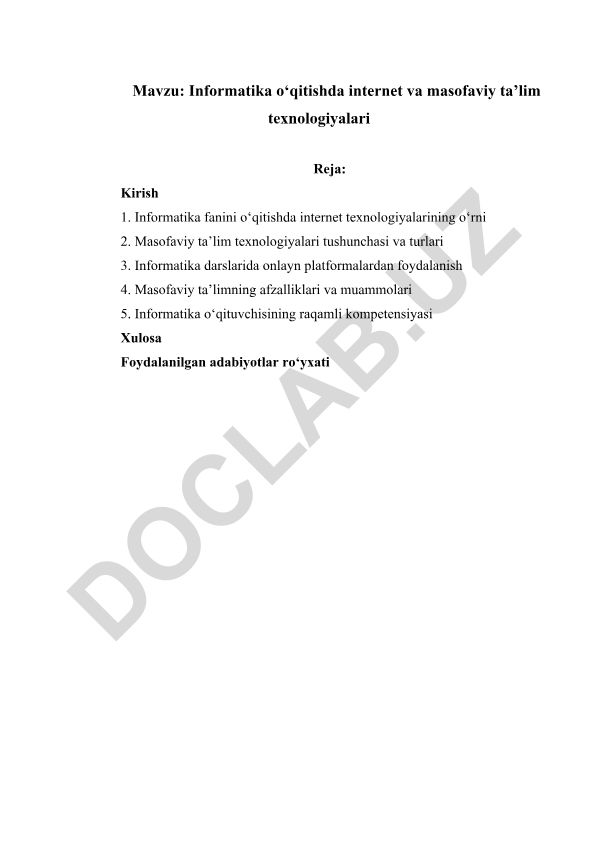 Informatika o‘qitishda internet va masofaviy ta’lim texnologiyalari