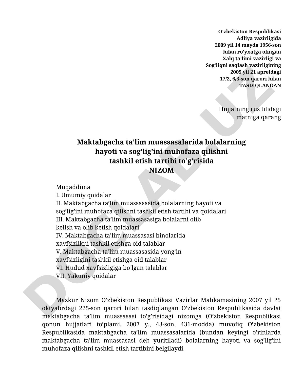 Maktabgacha ta'lim muassasalarida bolalarning hayoti va sog'lig'ini muhofaza qilishni tashkil etish tartibi to'g'risida Nizom