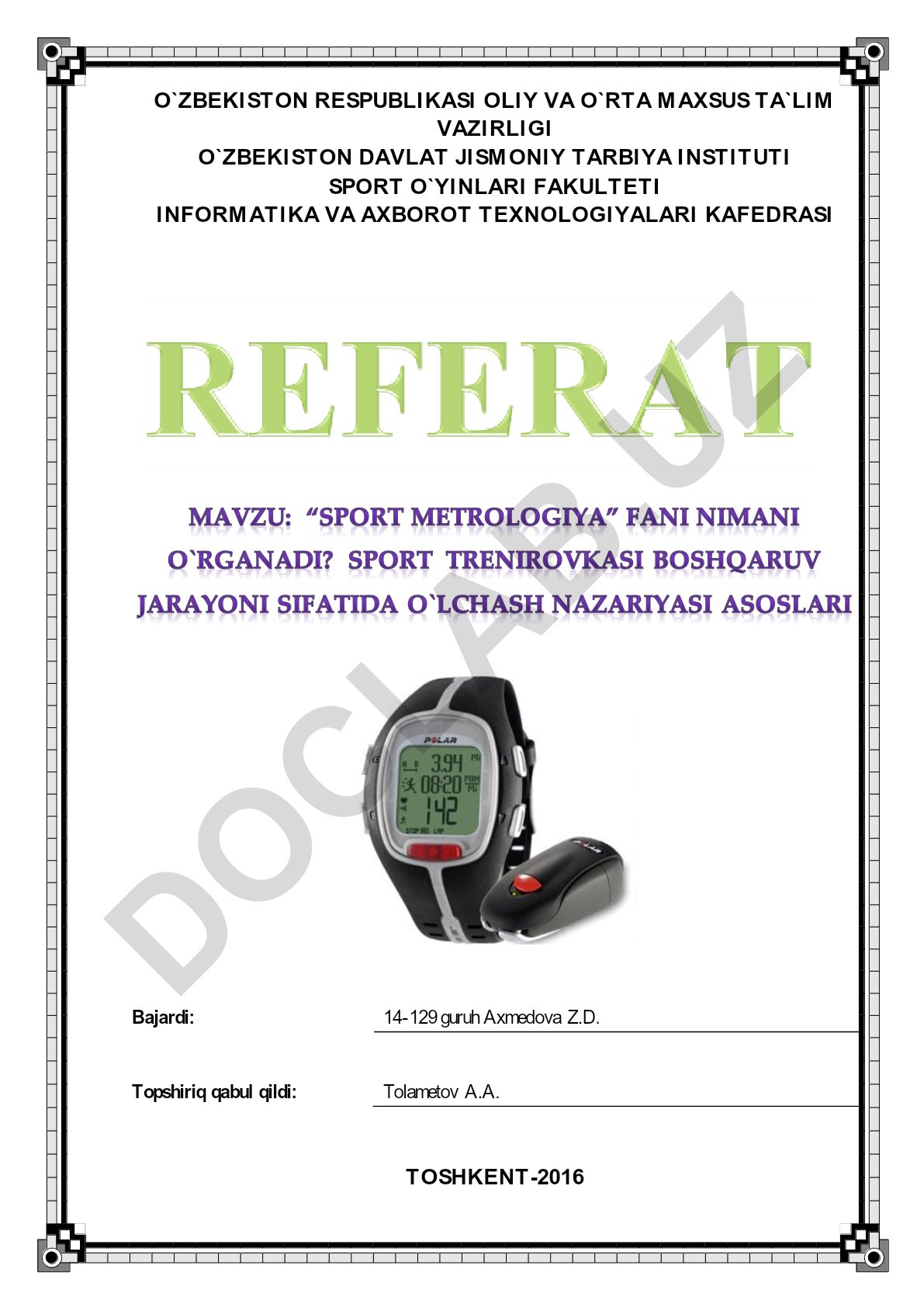 Sport metrologiya fani nimani o'rganadi va sport treninglarini boshqarish