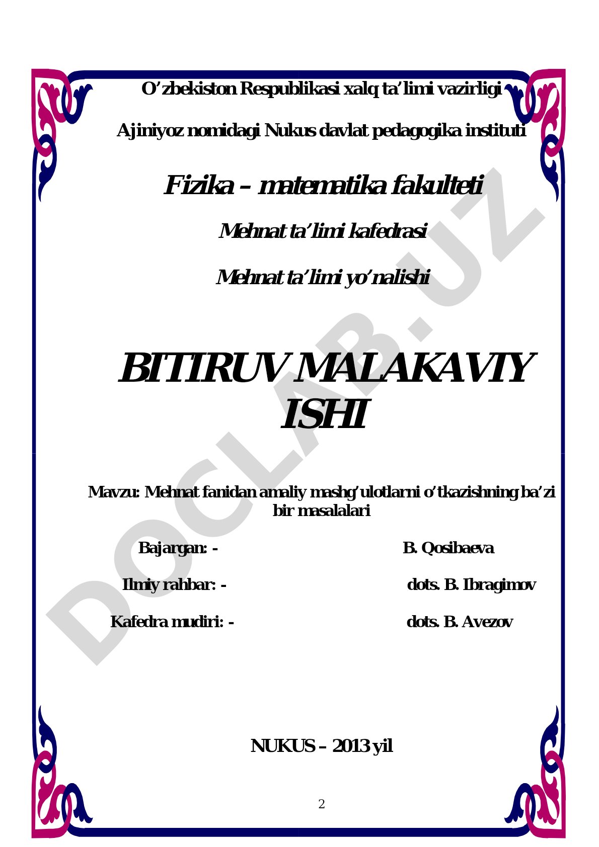 Mehnat fanidan amaliy mashg'ulotlarni o'tkazishning ba'zi bir masalalari
