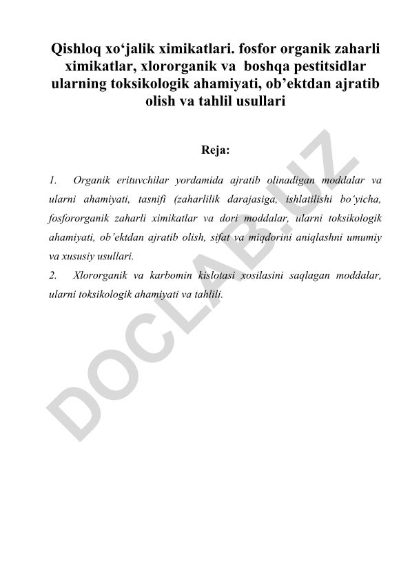 Qishloq xo'jalik ximikatlari va pestitsidlar toksikologiyasi