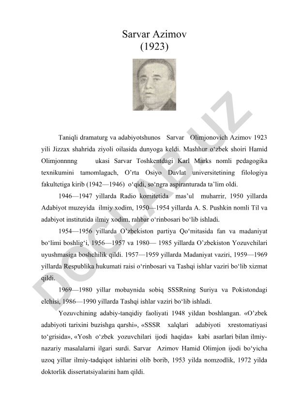 Sarvar Azimov hayoti va faoliyati