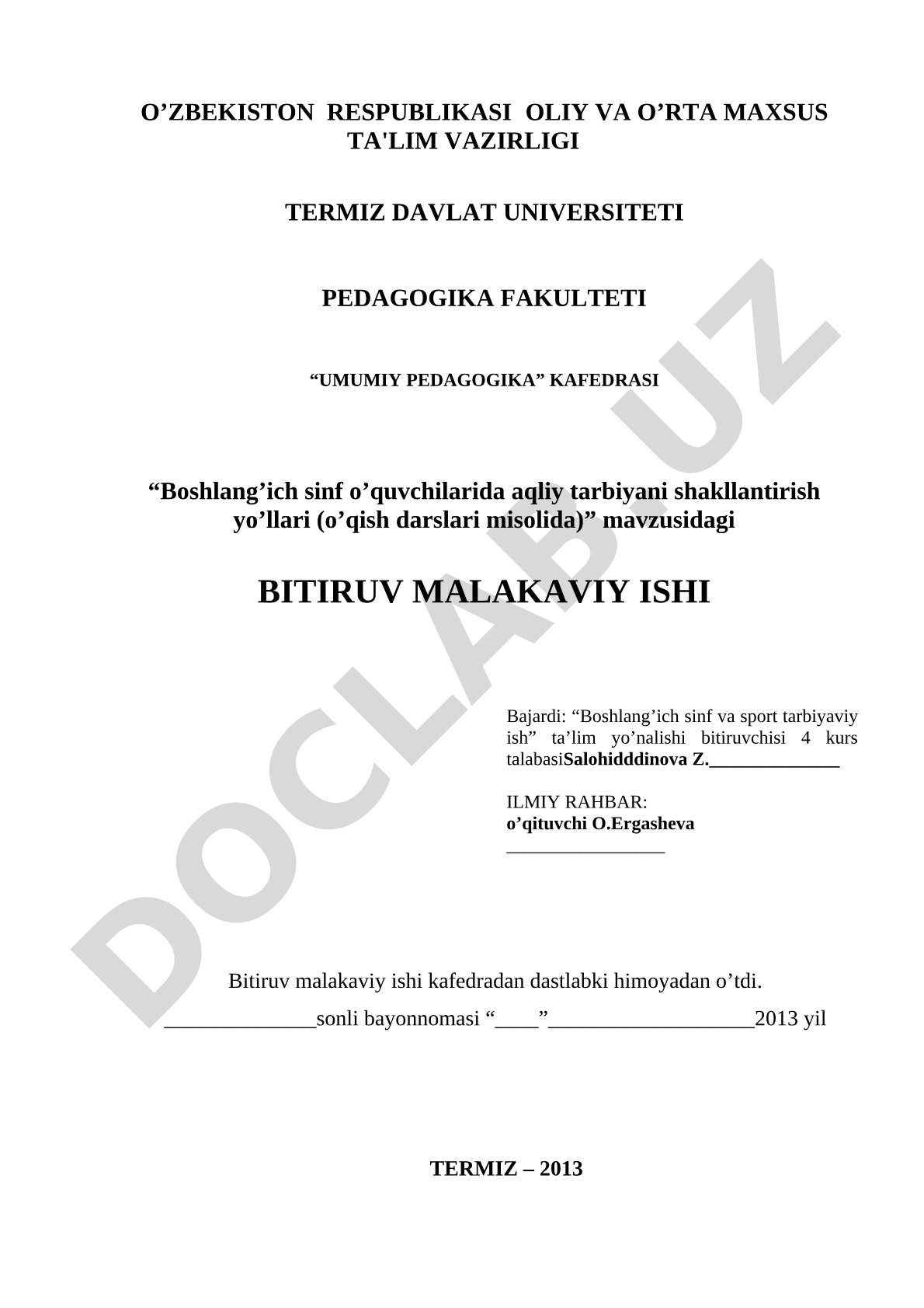 Boshlang'ich sinf o'quvchilarida aqliy tarbiyani shakllantirish yo'llari (o'qish darslari misolida)