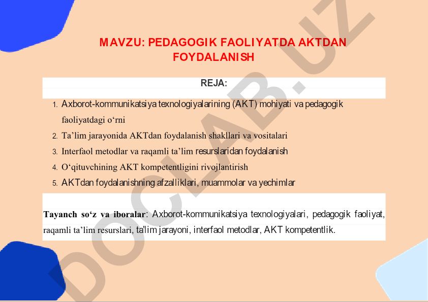 Pedagogik faoliyatda AKTdan foydalanish