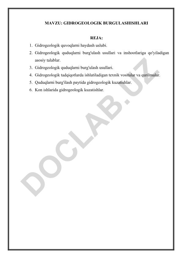 Gidrogeologik burg'ilash ishlari