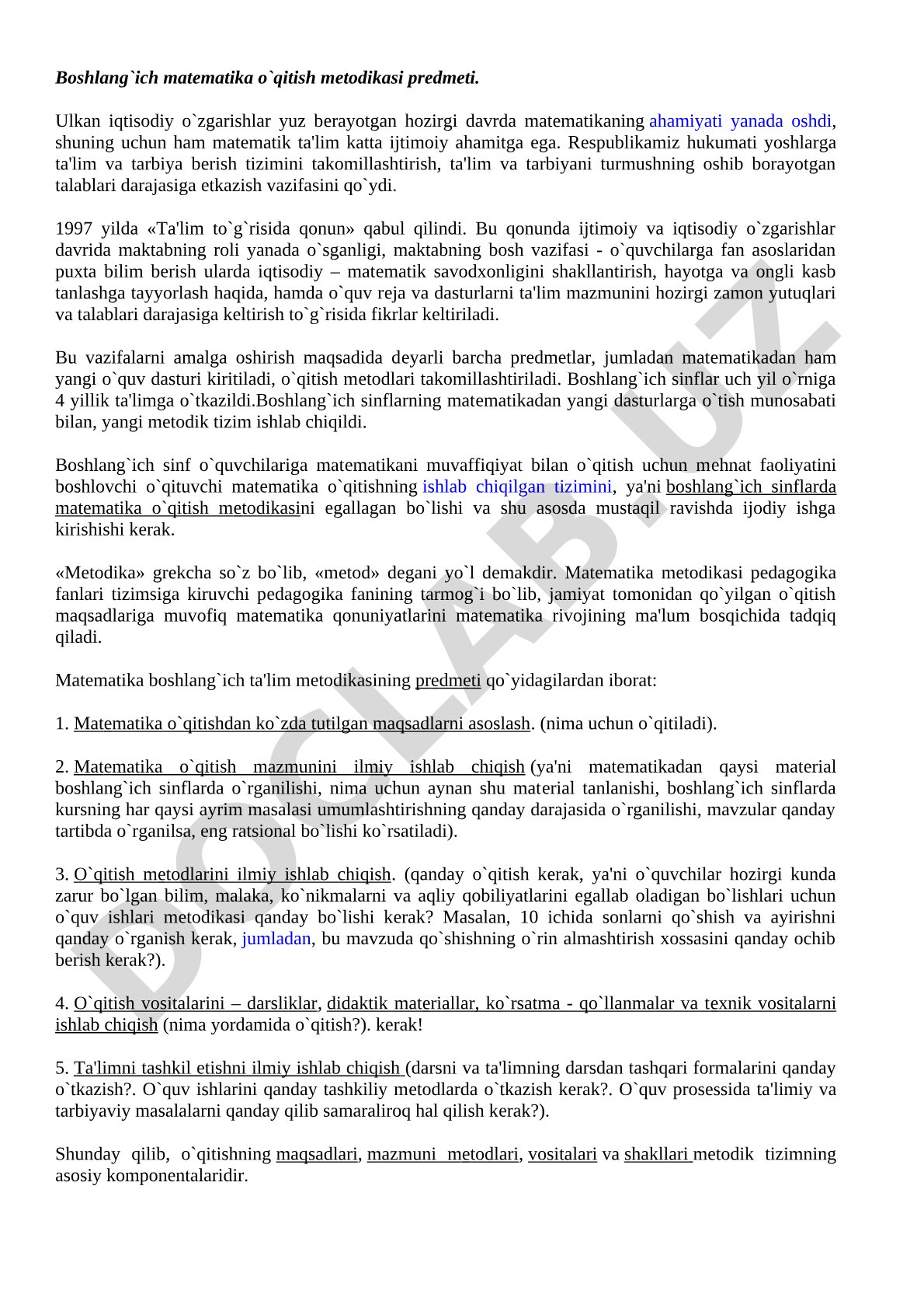 Boshlang'ich matematika o'qitish metodikasi predmeti