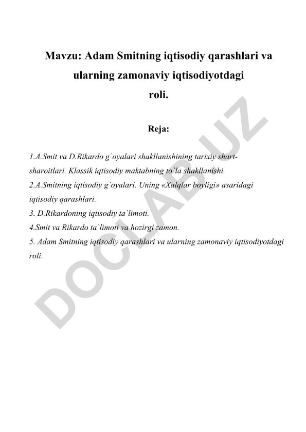 Adam Smitning iqtisodiy qarashlari va ularning zamonaviy iqtisodiyotdagi roli