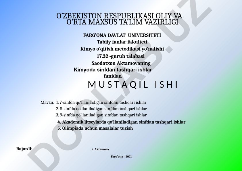 7-9-sinflarda kimyodan sinfdan tashqari ishlar va olimpiada masalalari