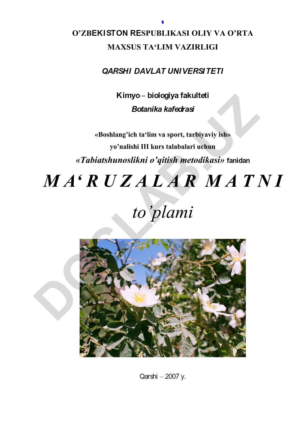 Tabiatshunoslikni o'qitish metodikasi ma'ruzalar matni