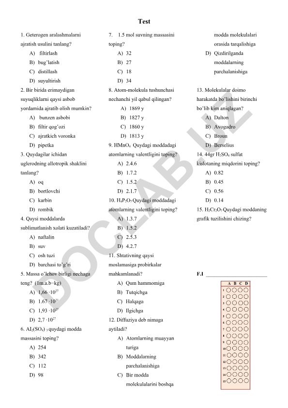 Kimyo fanidan test savollari