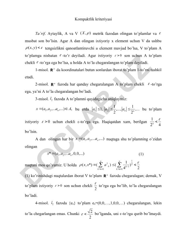 Metrik fazoda to'la chegaralangan to'plamlar va ɛ-to'r tushunchasi