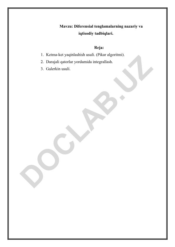 Diferensial tenglamalarning nazariy va iqtisodiy tadbiqlari