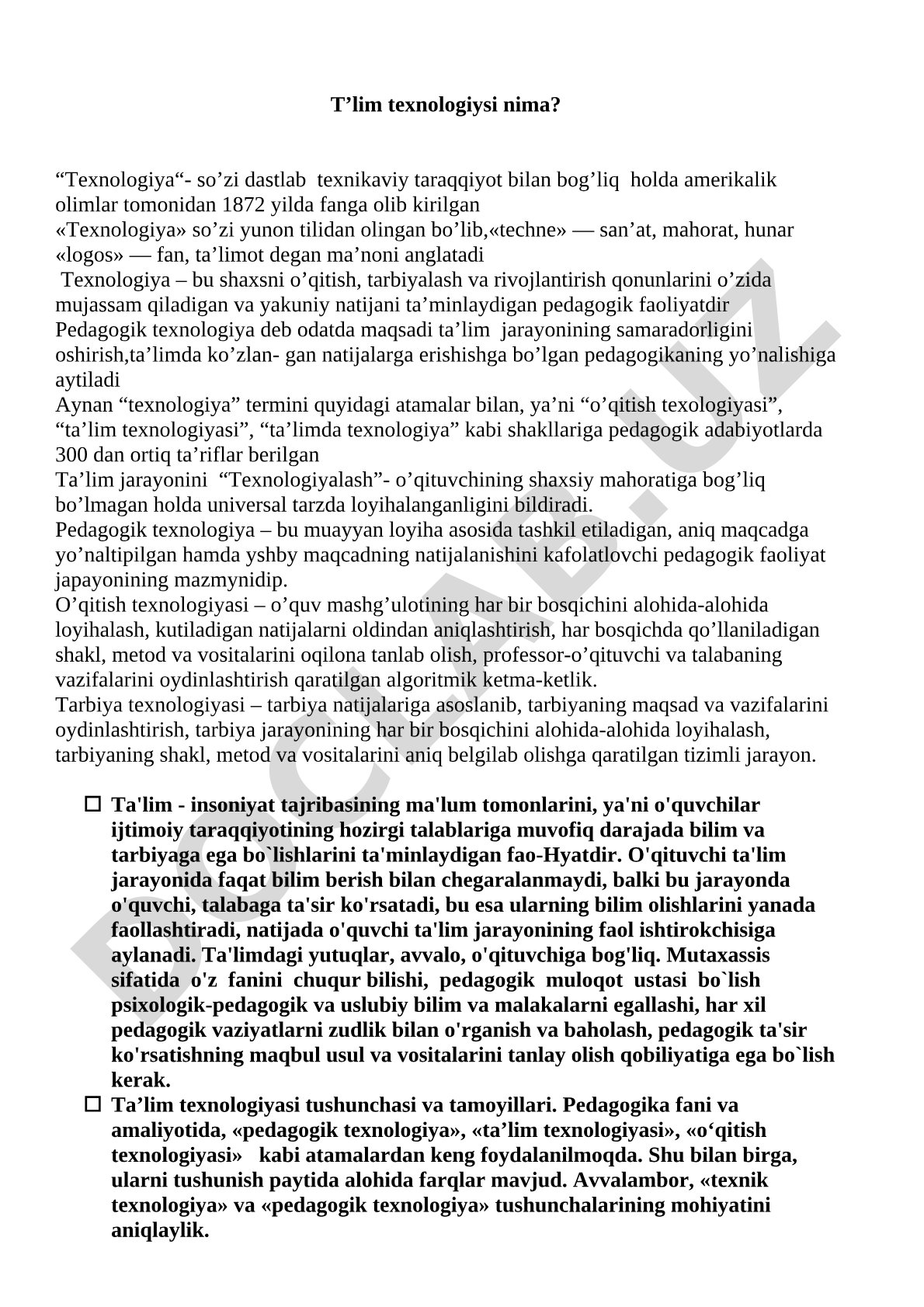 Ta'lim texnologiyasi tushunchasi va ta'riflari