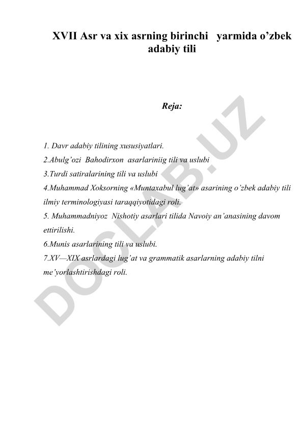 XVII-XIX asrlarda o'zbek adabiy tilining rivojlanishi va xususiyatlari